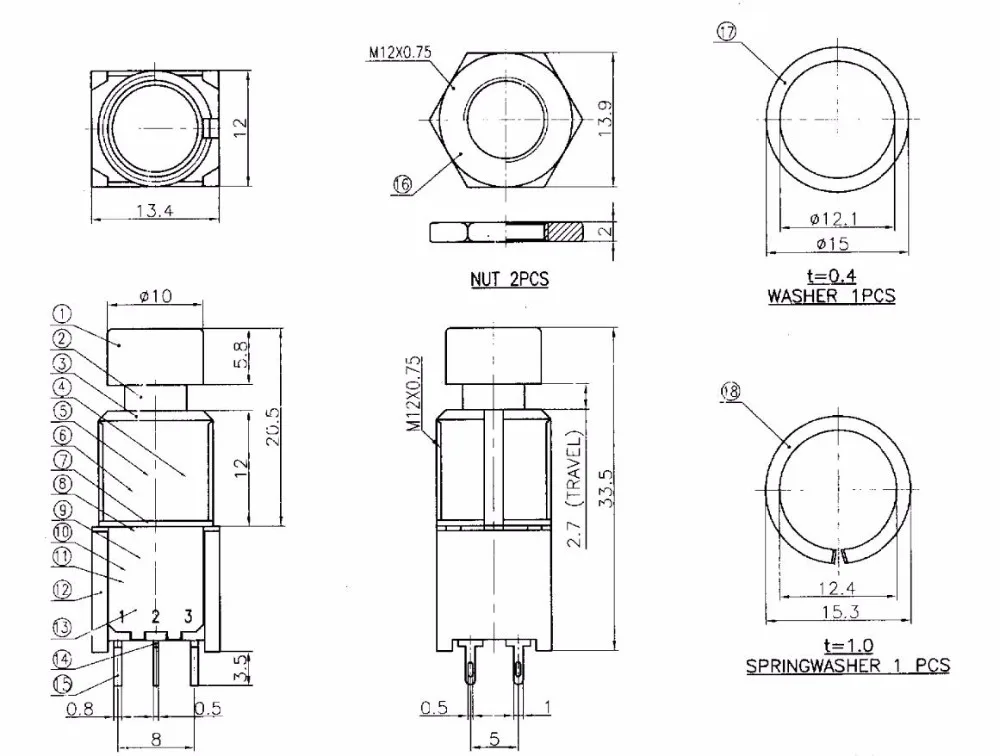 2 шт. M12X0.75 кнопочный переключатель 6 контактов на DPDT двойной полюс двойной бросок фиксация/Мгновенный для гитары педаль эффектов