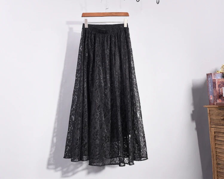 Летние юбки, Женская кружевная тонкая юбка трапециевидной формы, эластичная длинная юбка с высокой талией, женская элегантная плиссированная юбка макси, Женская открытая юбка - Цвет: Черный