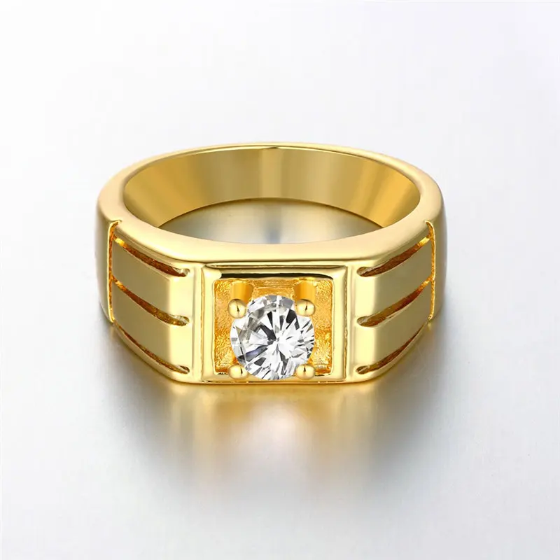 24K Yellow Gold / Rose Gold / White Gold Color Men Ring, Round Brilliant Cut Solitaire CZ Stone