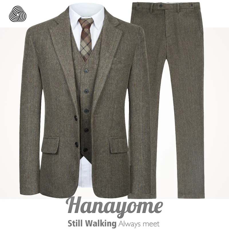 Senior Custom Woolen brown Herringbone Tweed Run men wedding suit British style Mens suit tailored plus size Blazer suit