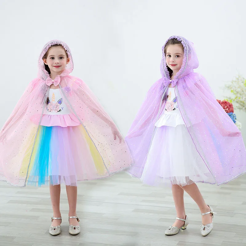 

Snow Queen Costume Christmas Halloween Cosplay Hooded cloak children Princess yarn Cape baby Girl Sequin lace shawl Poncho C5938