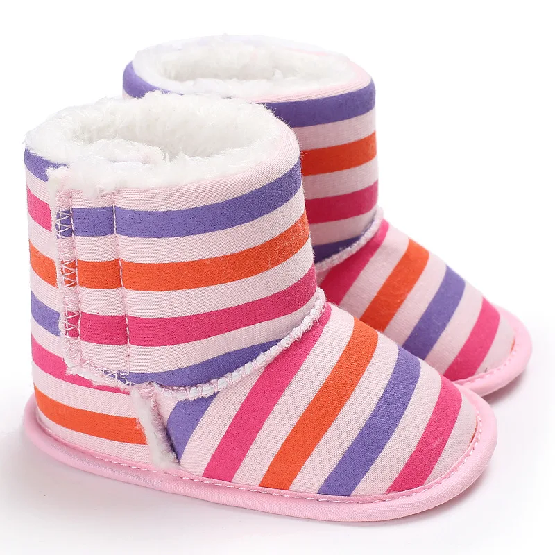 Для новорожденных обувь не скользит унисекс Зимние теплые детские пинетки на мягкой подошве Младенческая малышей обувь в полоску зимние сапоги
