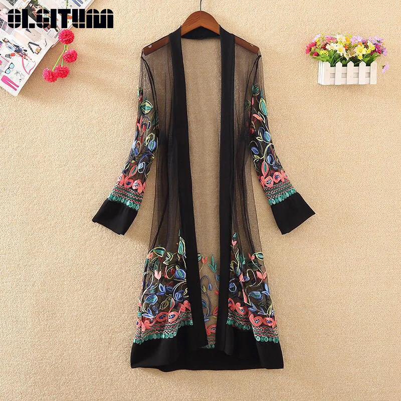

New 2019 Summer Women National Wind Floral Embroidery Long Coat Net Cardigan Wild Long-Sleeved Ladies Retro Beach Jacket JK741