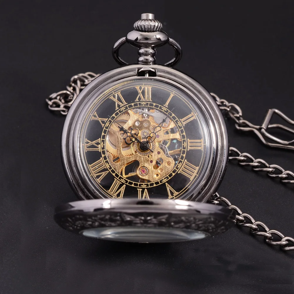 Steampunk Luxury Fashion Antique Skeleton Mechanical Pocket Watch Men Chain Necklace Business