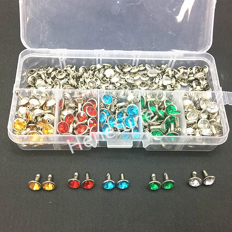 

200sets 5 colors Punk Diamond Spikes Rivets/Rhinestone Studs Rivets for Leather/Belt/Handbag Double-sided Rivet DIY Accessories