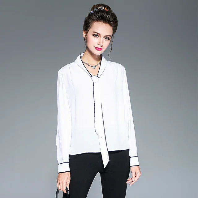 Women Brief Piping Tie Neck Blouse Long Sleeve Woven Shirt Whitein