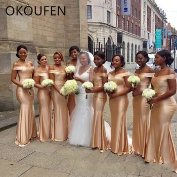 

African Mermaid Bridesmaids Dresses 2019 Gold Maid of Honor Gowns Off the Shoulder Long Sexy Black Girl Wedding Guest Party Wear