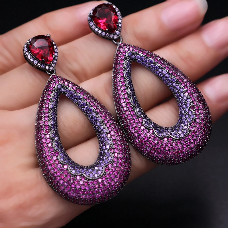 

Luxury Water drop big Earrings Full Mirco Paved Purple Red AAA Zirconia Women Exquisite Lace pattern BOHO Dangle Earring jewelry