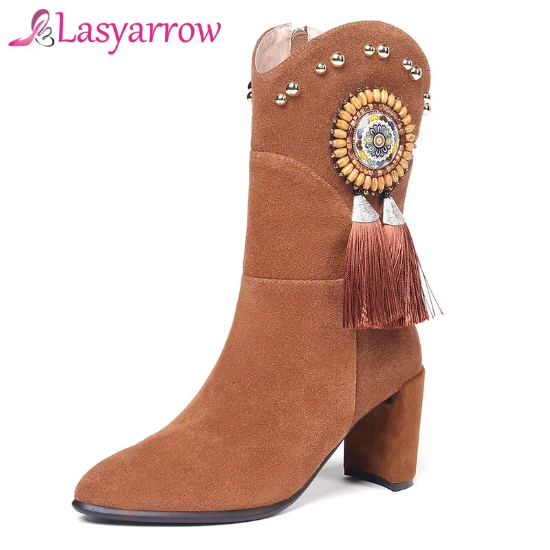 

Lasyarrow Bohemia Style String Beading Cow Suede Mid Calf Boots Fashion Rivets Studded Fringes Boots Ethnic Zipper Botas Mujer