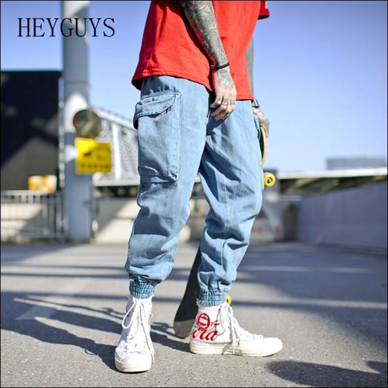 

HEYGUYS Harem Pants Men Side Pockets Cargo Sweatpants Cotton Denim Jean Trousers Elastic Waist Hip Hop Skateboard Joggers