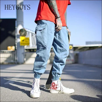 

NAGRI 2020 New Harem Pants Men Side Pockets Cargo Sweatpants Cotton Denim Jean Trousers Elastic Waist Hip Hop Skateboard Joggers
