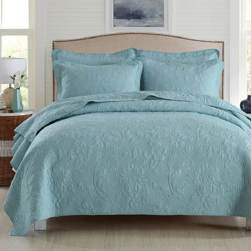 

Quality Solid Bedspread Washed Cotton Quilt Set 3pcs Embroidery Quilts Bed Cover Pillowcase King Queen size Quilted Coverlet