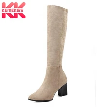 KemeKiss/размер 32-42, женские зимние сапоги до колена на Высоком толстом каблуке, женская обувь с острым носком, женские теплые плюшевые зимние сапоги