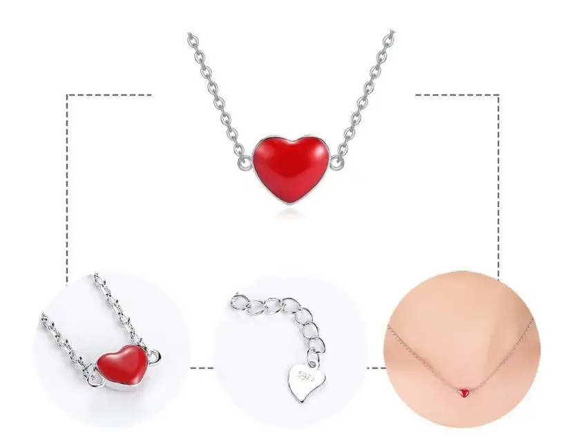 Anenjery, весеннее модное 925 пробы Серебряное ожерелье для женщин, девушек, счастливчик, двухсторонний кулон в виде красного сердца, колье, S-N198