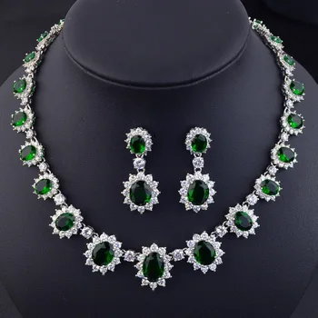 

LinSen Jewelry brand luxury red/blue/white/green bridal wedding jewelry set,high quality AAA Cubic Zirconia necklace earring set