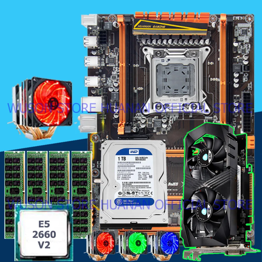 ^Cheap Computer custom made HUANAN ZHI deluxe X79 motherboard with M.2 CPU E5 2660 V2 with cooler RAM 16G(4*4G) 1TB SATA HDD GTX1050Ti