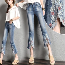 Женские джинсы с вышивкой бисером, высокая талия, тонкие джинсовые брюки, растягивающиеся джинсы со стразами, вышитые Глория, плюс размер
