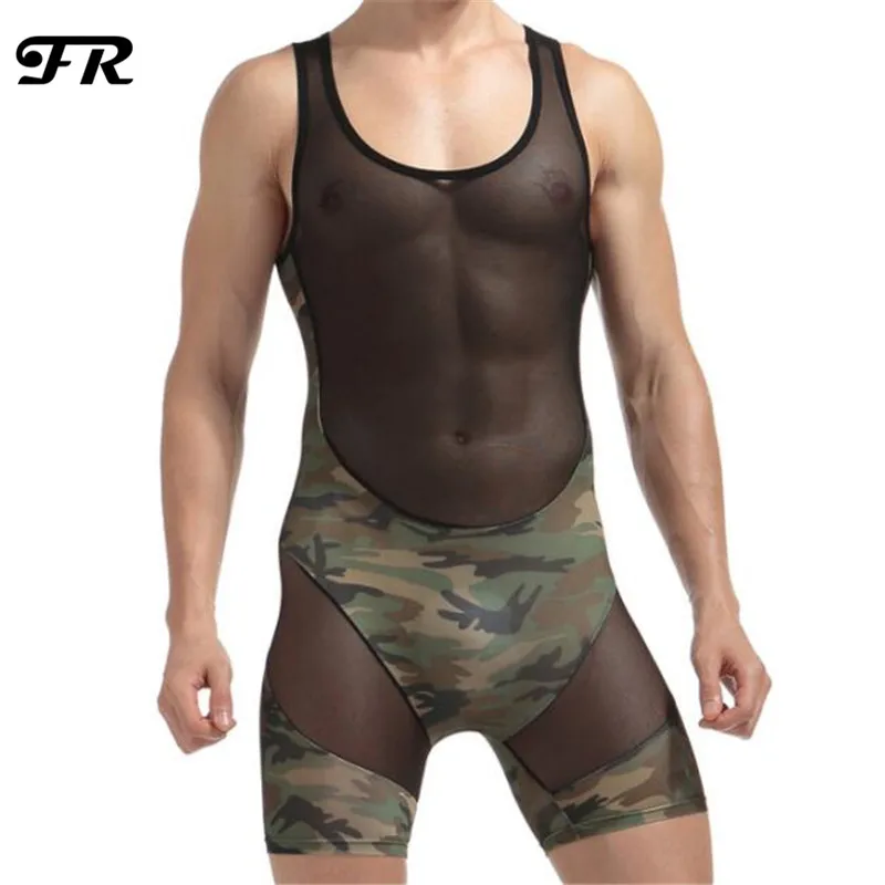

FR New Men's Camouflage Patchwork Underwear,High Waist Men's Bodysuits,Men's Suspender Jockstrap Wrestling Singlet Underwear
