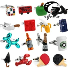 Boutons de manchette de nouveauté au détail d'usine 29 conceptions Option boîte de Police/whisky/tasse à café/bouchon de bière/Cube/ Chaplin boutons de manchette de conception