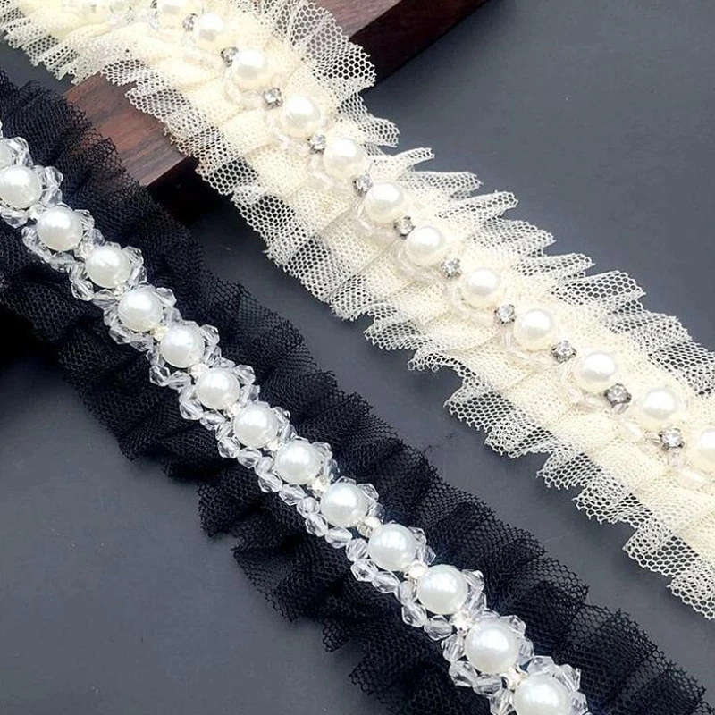 1 Yard 1.5cm Ivory Pearl Beaded Handmade Lace Edge Trims Wedding Dress