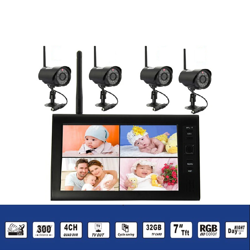2.4Ghz Wireless Baby Monitor Kit Concluding 4Ch Digital Waterproof Bullet Camera and 7inch TFT LCD Monitor with QUAD Display 2.4Ghz Wireless Baby Monitor Kit Concluding 4Ch Digital Waterproof Bullet Camera and 7inch TFT LCD Monitor with QUAD Display