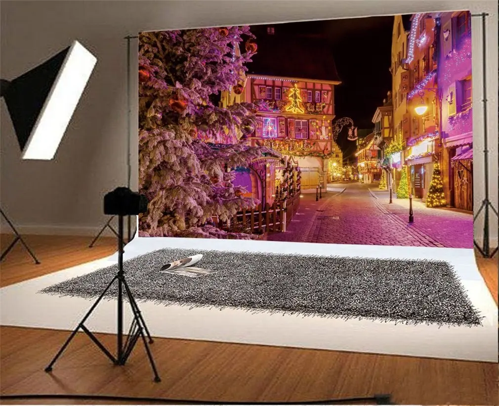 

Photography Backdrop Happy New Year French City Colmar on Christmas Eve Street Scene Lamp Tree House Winter