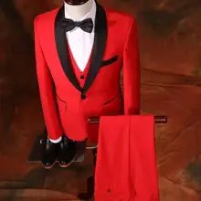 Последний дизайн пальто брюки Красный смокинг жениха Черная шаль с отворотом мужские свадебные вечерние костюмы выпускного вечера(куртка+ брюки+ жилет+ галстук-бабочка) на заказ