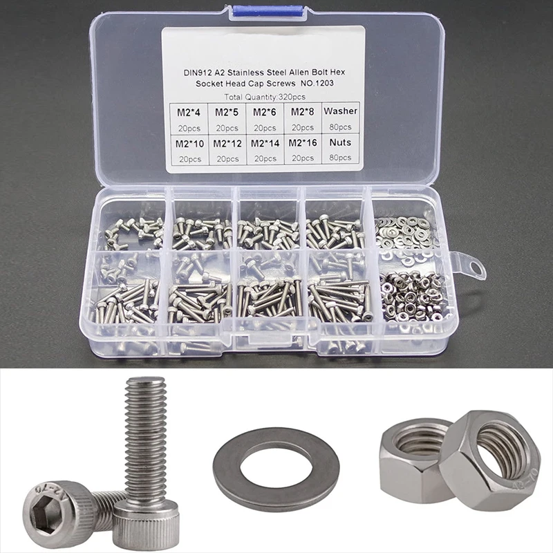 320pcs/set DIN912 M2 M2.5 M3 304 Hex Socket Screws Stainless Steel Bolts Nuts Set Mayitr Fastener Kit Hardware