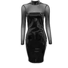 2017 New Women Sexy Leather Dresses Mesh Long Sleeves O Neck Mesh Patchwork Celebrity Party PU Leather Dresses