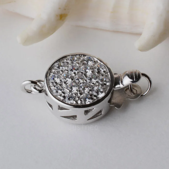 

Solid 925 Sterling Sliver Round Box Table Clasp for Necklace/Bracelet, Rhodium Plated with Cubic Zirconias, 1piece/lot