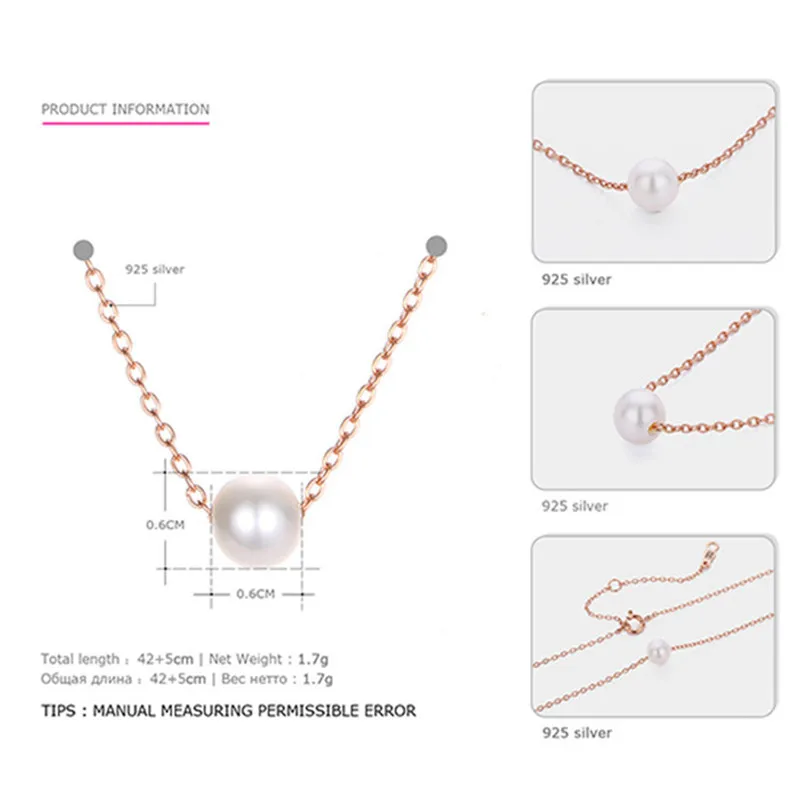 Чистое 925 серебряное ожерелье, подвески для женщин, круглый пресноводный жемчуг, ожерелье, хорошее ювелирное изделие, офисный простой дизайн, бижутерия - Цвет камня: N-Rose Gold