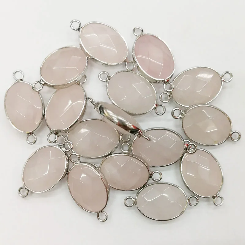 

wholesale Fashion 12pcs natural pink quartz stone Connector Charms silver rim for Bracelet Necklace DIY Jewelry Making