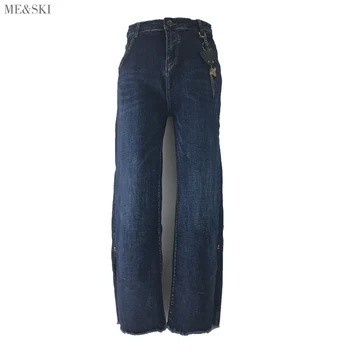 

ME&SKI Jeans Women Mujer Fashion Loose Full Length High Waist Elastic Mom Jean Femm Zipper Fly Retro Stretchy Blue Denim Pants