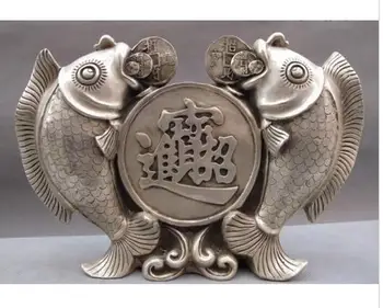 

decoration copper silver factory China White Copper Silver Lucky Feng Shui Coin Money wealth Two carp Fish Statue
