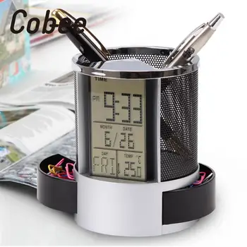 

Cobee Mesh Pen Pencil Holder with Digital LCD Office Desk ALarm Clock Time Date Temp Christmas child gifts office supplies