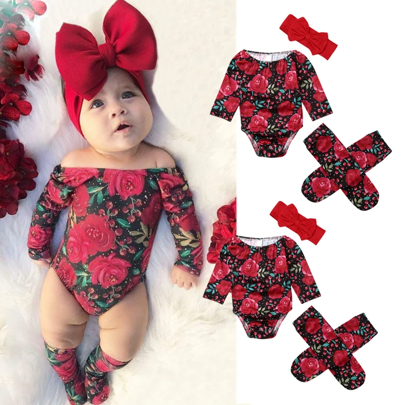 2020 New Infant Baby Girl Flower Bodysuit Jumpsuit+Socks+Headband 3Pcs Outfits Toddler Newborn Baby Girl Clothes Sets