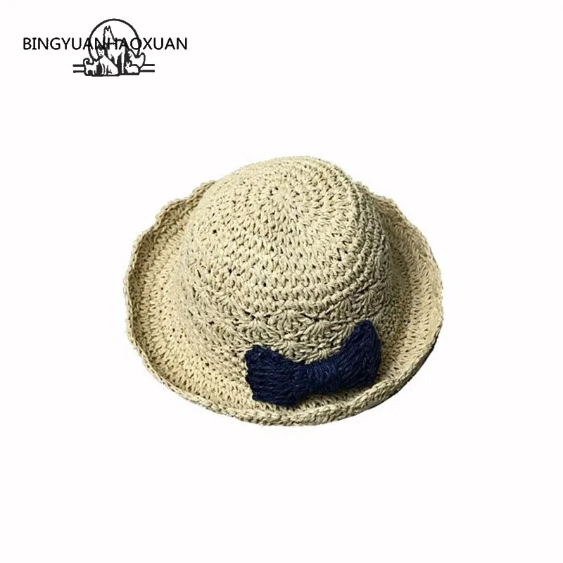 BINGYUANHAOXUAN 2018 الفتيات الزهور قبعة الشمس الاطفال قبعة صيفية من القش كبير الجناح شاطئ كاب طوي تنفس قبعة صيفية