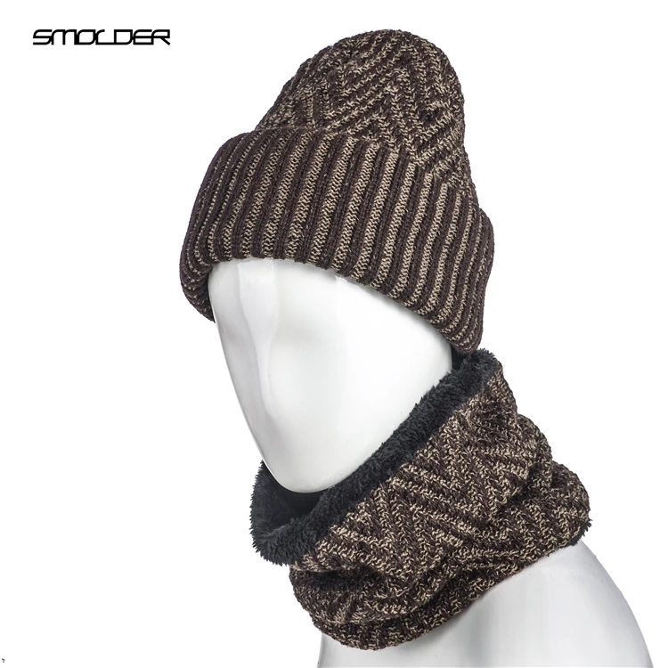 

[SMOLDER] Winter Outdoor Hat Soft Warm Wave Pattern Beanie Cap Crochet Elasticity Knit Hats for Men and Women With Neck Warmer