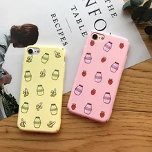 Fruta de dibujos animados Banana fresa bebidas carcasa para iPhone 6 6S 7 8 Plus X Linda caja de leche teléfono celular mate cubierta trasera de PC duro carcasas