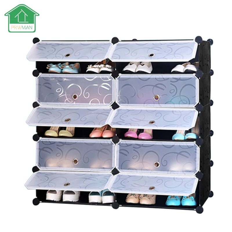 

PRWMAN 10-cube Shoe Cabinets Toy Organizer Storage Shelf Stackable Multi Shoe Rack Plastic Drawers Black with White Doors
