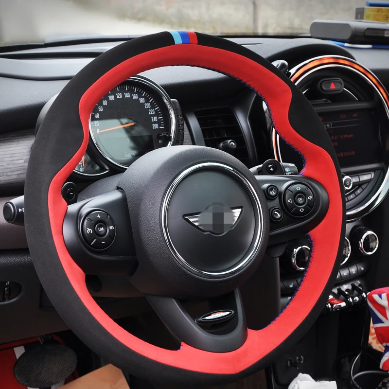 BANNIS Вручную прошитый черный, Красный Замша рулевого колеса автомобиля чехол для Mini Coupe