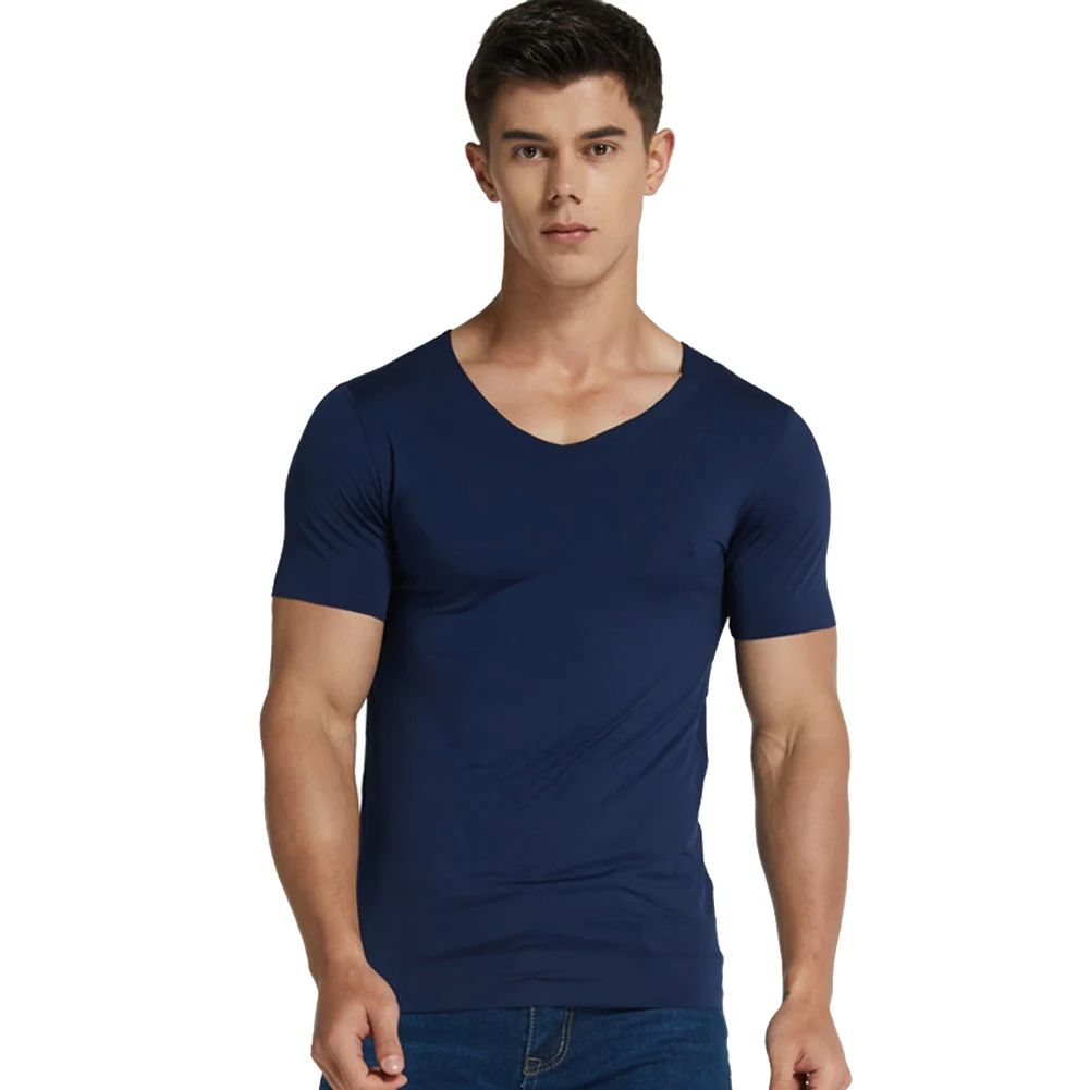 

Newly Men Ice Silk Quick Dry T-shirt Short Sleeve V Neck Solid Color Seamless Breathable Top m99