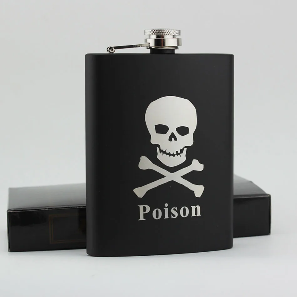 

8oz Black Hip Flask "Poison" Skull Powder Coated 304 grade stainless steel Laser Engraved gift for father