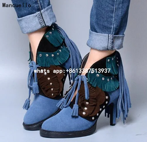 Fashion Fringe Suede Leather Women Ankle Boots Mixed Color High Heels Dress Shoes Woman Lace Up Short Motorcycle Booties Botas