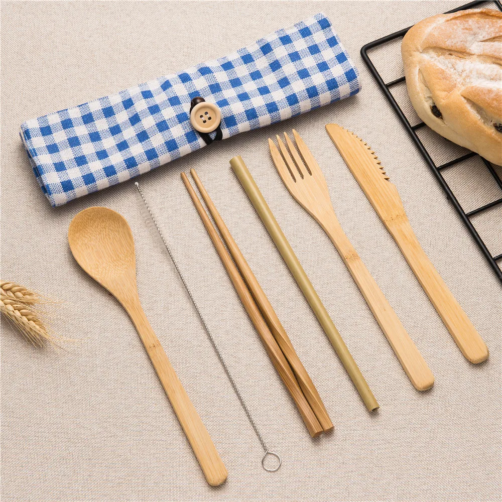 

Portable Travel Camping Cutlery Set Bamboo Cutlery Fork Knife Spoon Chopsticks Straw Set with Brush Cloth Bag for Tableware Set