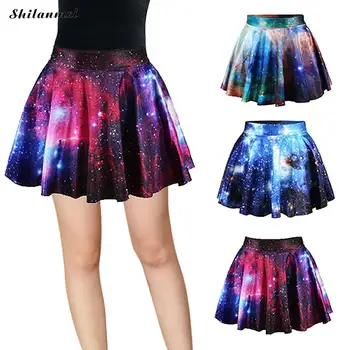 

3D Print Galaxy Skirt Women High Waist Cratieve Cluster Space Galaxy Short Skirts 2019 New Summer Casual Pleated Skirts Faldas