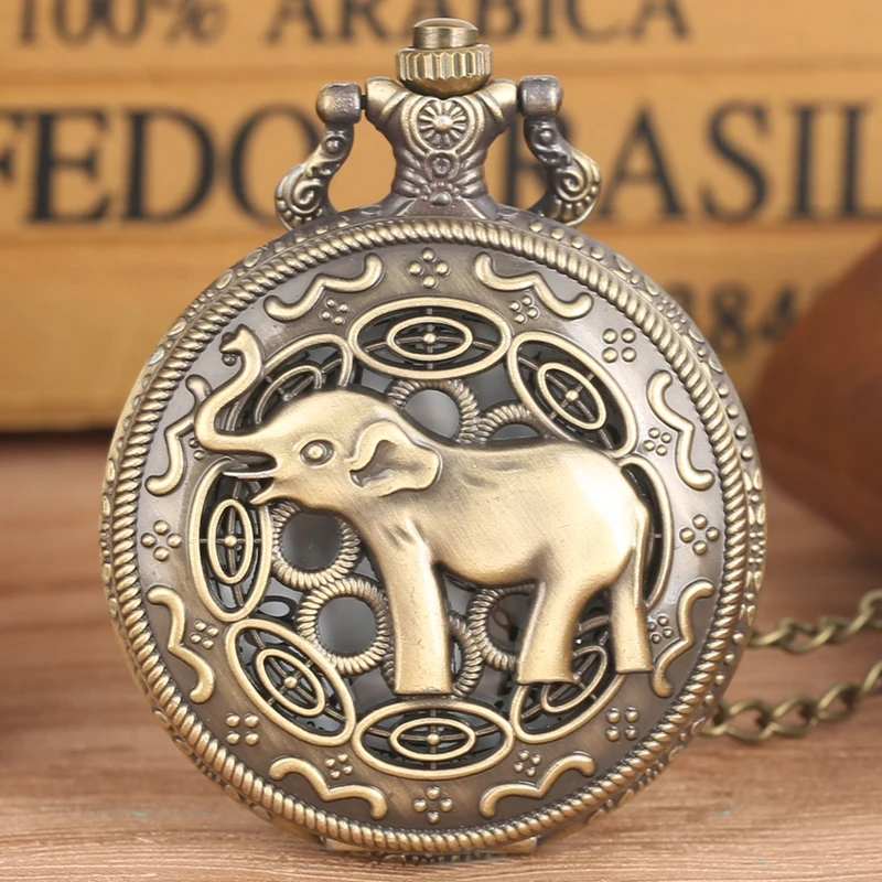 

3D Cute Long Nose Elephant Figure Retro Bronze Hollow Necklace Quartz Pocket Watch Fashion Pendant Watches for Men Women Kids