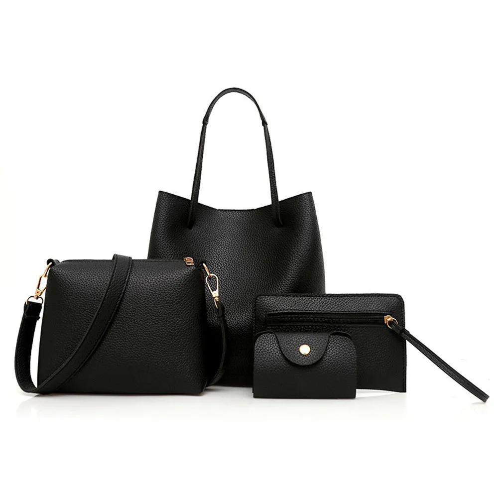 4 шт., женские сумки, кожаная сумка с узором+ сумка через плечо+ сумка-мессенджер+ посылка для карт, элегантные дамские сумочки на молнии - Цвет: Черный