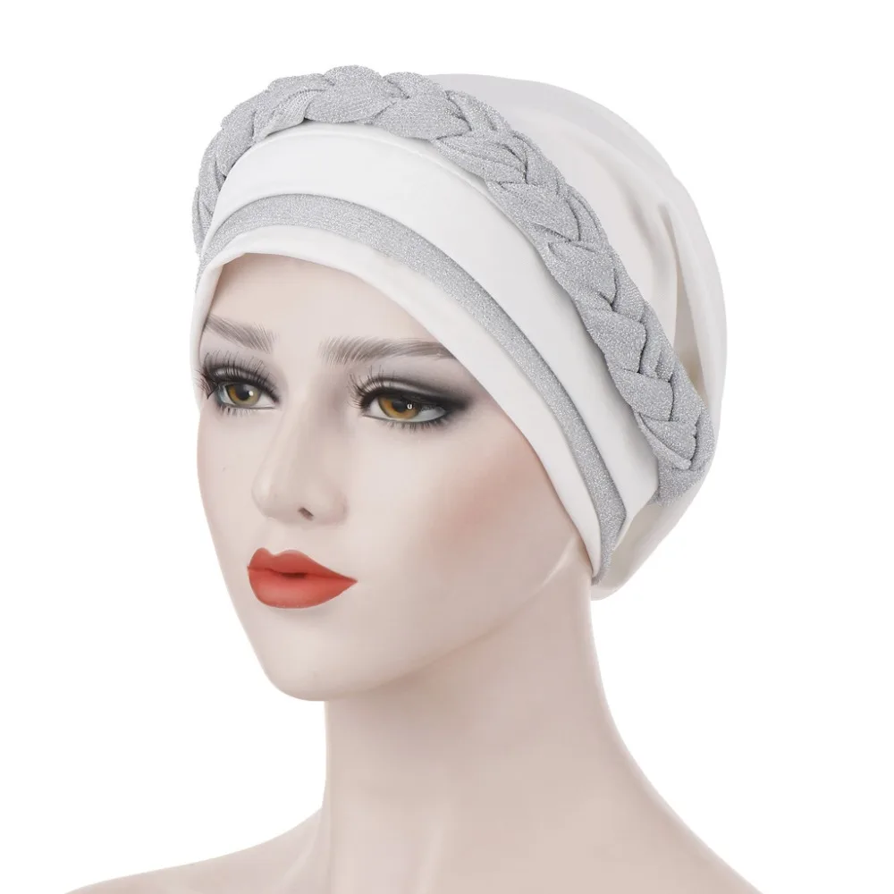 

Turban Hat Cancer Chemo Beanies Cap Hijab Muslim Women Silky Bright Wire Braid Headwear Headwrap Hair Loss Accessories