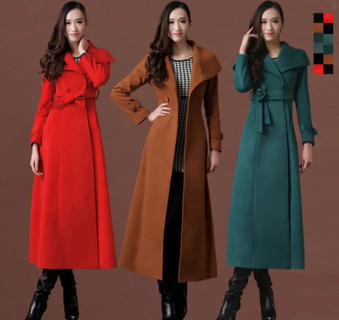 

Newest Autumn Winter Turn Down Collar Slim Woolen Cashmere Coat Women Double Breasted Long Outerwear Coats With Belt